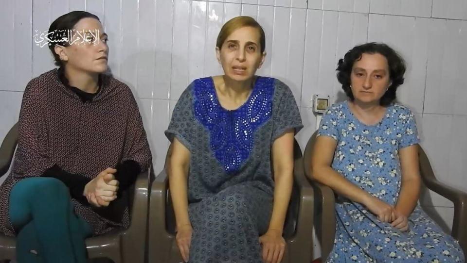 A screengrab from a video released on Oct. 30, 2023 by the Hamas militant group shows three women among the roughly 220 people held hostage by Hamas in the Gaza Strip. / Credit: Taken from video released by Hamas