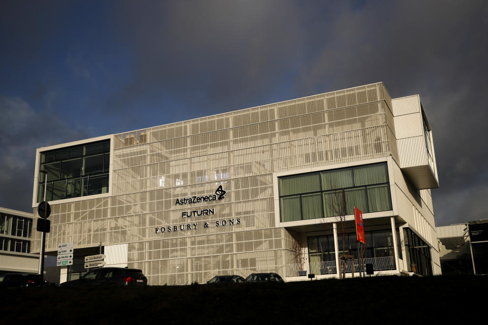 The AstraZeneca office building in Brussels, Friday, Jan. 29, 2021. Amid a dispute over expected shortfalls, the European Union is looking at legal ways to guarantee the delivery of all the COVID-19 vaccine doses it bought from AstraZeneca and other drugmakers as regulators are set to consider approving the Anglo-Swedish company's vaccine for use in the 27-nation EU. (AP Photo/Francisco Seco)