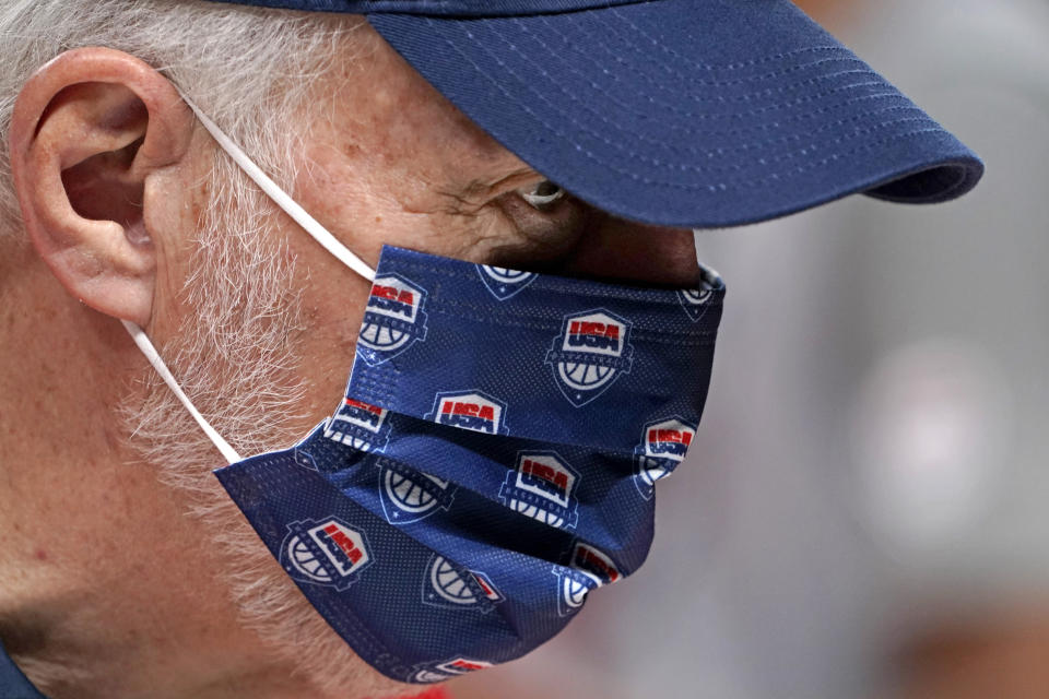 United States head coach Gregg Popovich looks on during a men's basketball practice at the Tokyo 2020 Olympics, in Saitama, Japan, Thursday, July 22, 2021. (AP Photo/David Goldman)