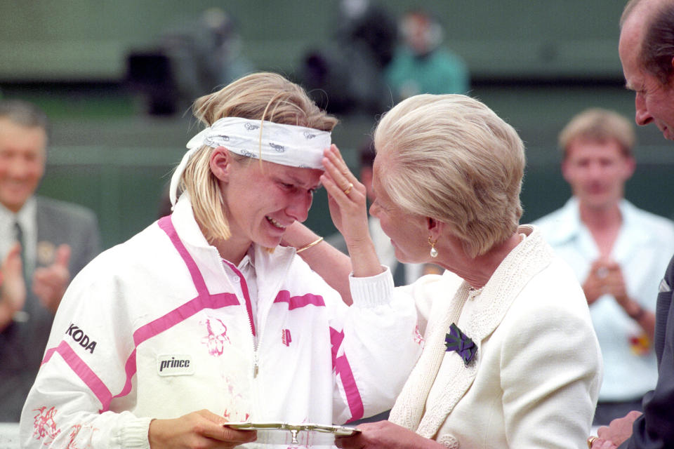 Jana Novotna had to be consoled by the Duchess of Kent in 1993 after losing the Wimbledon final to Steffi Graf