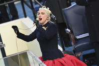 Lady Gaga sings the U.S. National Anthem at the beginning of the swearing in ceremony for the 59th Presidential Inauguration at the U.S. Capitol for President-elect Joe Biden in Washington, Wednesday, Jan. 20, 2021. (Saul Loeb/Pool Photo via AP)