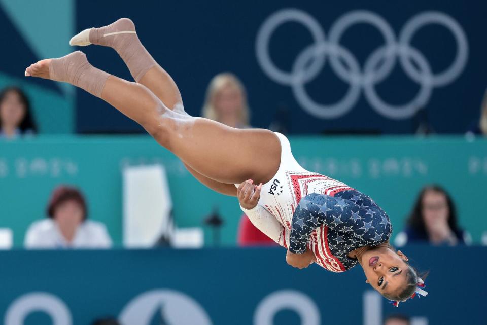 Jordan Chiles competes on the floor during the women's gymnastics team final at the 2024 Olympics in Paris Tuesday.