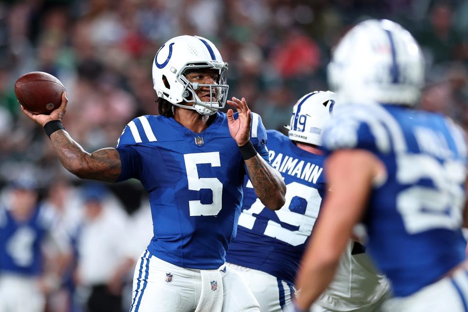 PHILADELPHIA, PENNSYLVANIA - AUGUST 24: Anthony Richardson #5 of the Indianapolis Colts passes during the second quarter against the Philadelphia Eagles at Lincoln Financial Field on August 24, 2023 in Philadelphia, Pennsylvania.