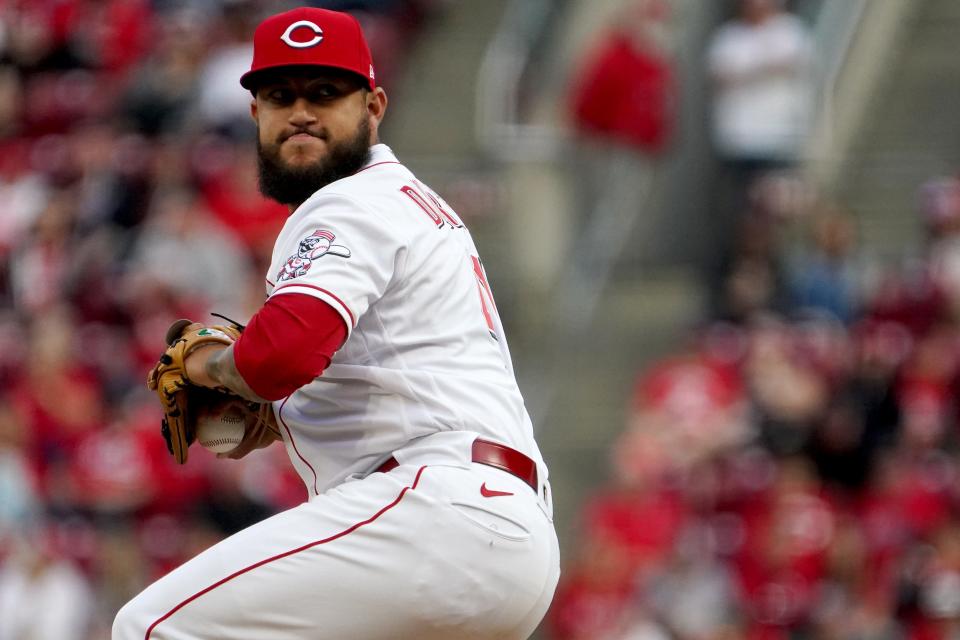 Cincinnati Reds relief pitcher Daniel Duarte (41) delivers in the ninth inning during a baseball game against the Cleveland Guardians, Tuesday, April 12, 2022, at Great American Ball Park in Cincinnati, Ohio. 