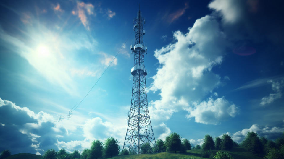 A telecommunications tower reaching high into the sky, connected to a satellite system.