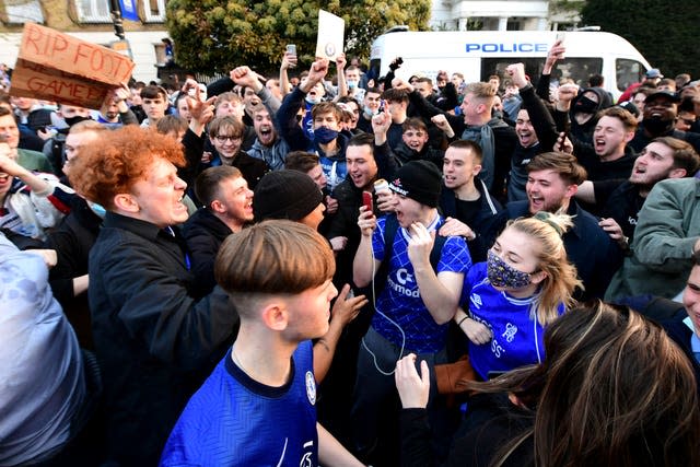 The original Super League plans sparked fan protests, such as this one outside Chelsea's Stamford Bridge stadium in April 2021