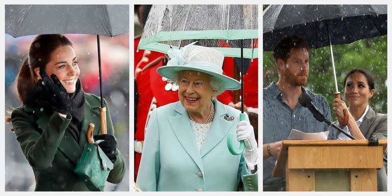 <p>It rains everywhere—but in the UK, it rains <em>a lot</em>. So it only makes sense that members of the British royal family have had more than enough experiences with dreary weather, and seem ever-prepared with the perfect umbrella. They're so taken with the handy devices that they'll sometimes even select a stylish parasol over the standard sunscreen. Here, dozens of great photos documenting the royals' umbrella-centric exploits.</p>