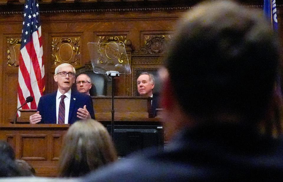 Gov. Tony Evers delivers his 2023-2025 Biennial Budget message Wednesday, Feb. 15, 2023, inside of the Assembly Chamber at the Wisconsin State Capitol.