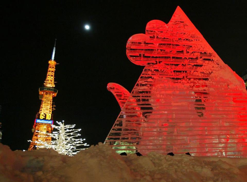 An ice sculpture in seen prior to the Sapporo Snow Festival in Sapporo, Japan. Most of the labor to create over 300 snow sculptures was done by Japan's Self Defence Force Members.