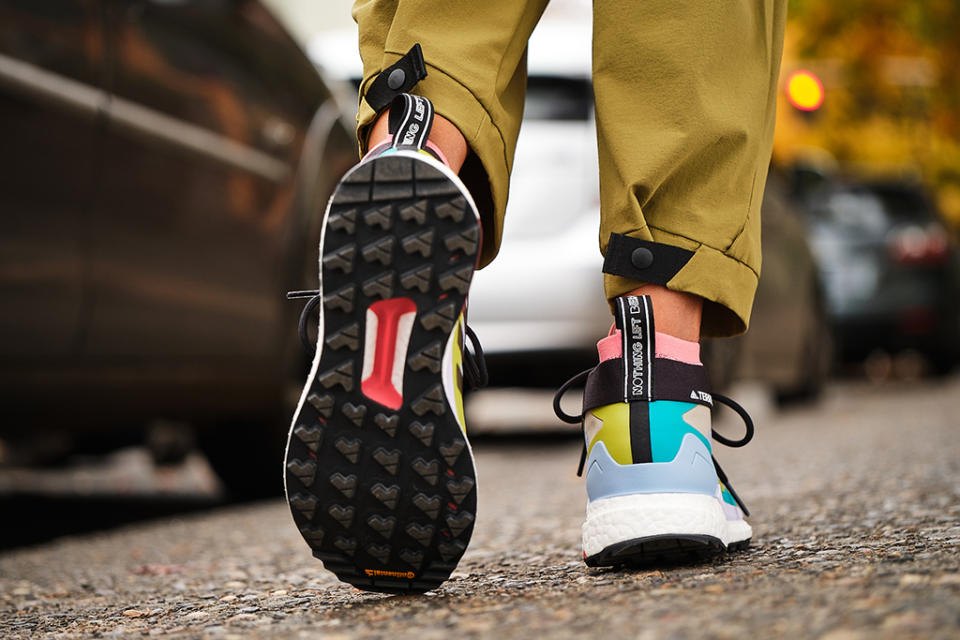 The heels and outsoles of the Adidas Terrex “Nothing Left Behind” Free Hiker Gore-Tex. - Credit: Courtesy of Adidas