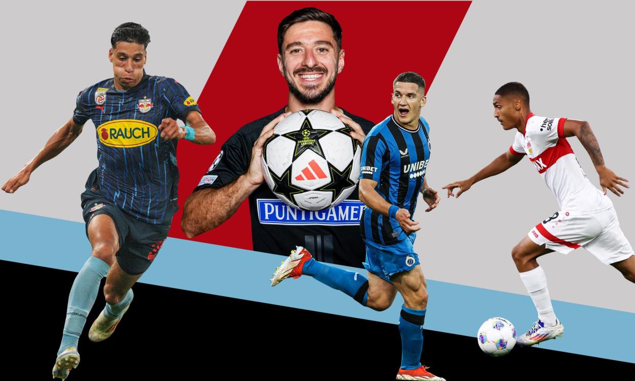 <span>Adam Daghim of Red Bull Salzburg, Otar Kiteishvili of Sturm Graz, Brugge's Christos Tzolis and Stuttgart's Enzo Millot.</span><span>Composite: Guardian design</span>