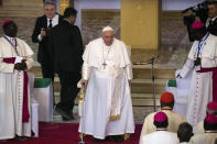 Pope Francis arrives to address clergy at the St. Theresa Cathedral in Juba, South Sudan Saturday, Feb. 4, 2023. Pope Francis is in South Sudan on the second leg of a six-day trip that started in Congo, hoping to bring comfort and encouragement to two countries that have been riven by poverty, conflicts and what he calls a "colonialist mentality" that has exploited Africa for centuries. (AP Photo/Ben Curtis)