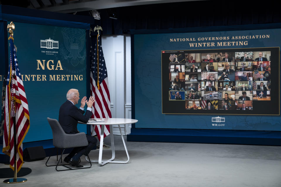 President Joe Biden speaks during a virtual meeting of the National Governors Association, in the South Court Auditorium on the White House campus, Thursday, Feb. 25, 2021, in Washington. (AP Photo/Evan Vucci)