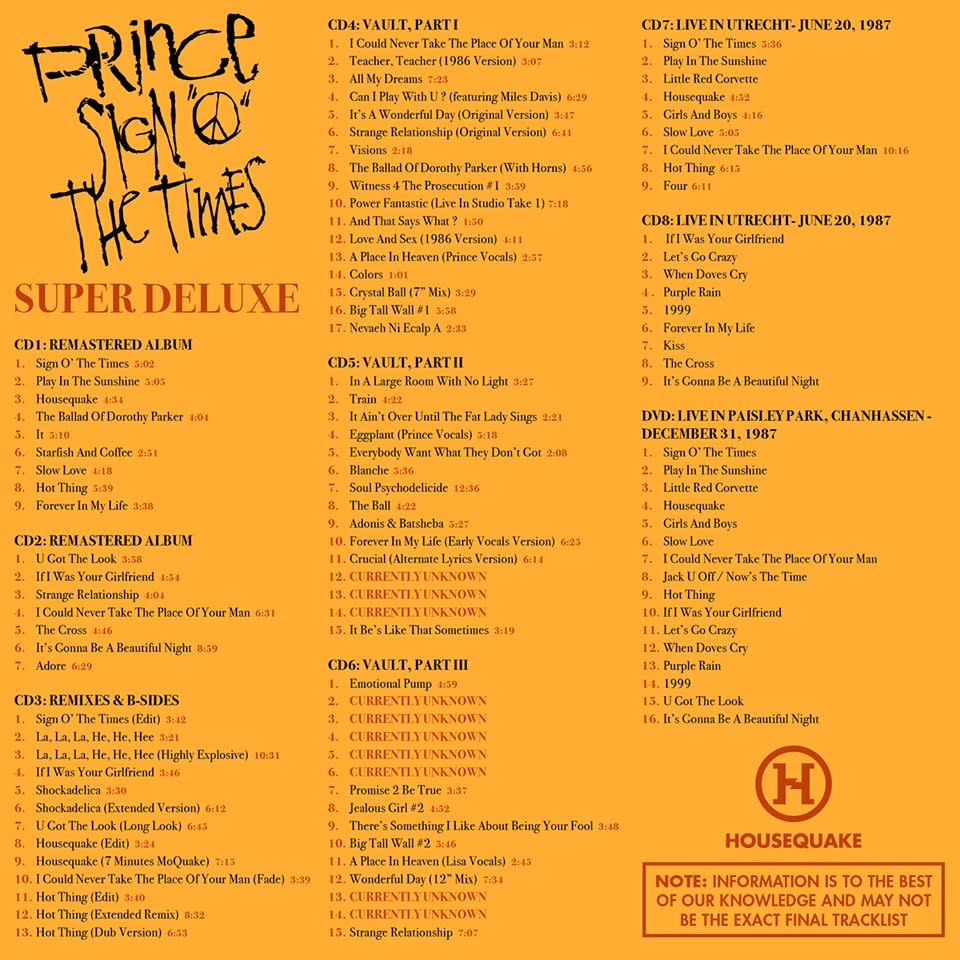 The tracklisting first speculated on by Prince fansites when the release was still rumored. Most of it proved true.