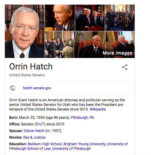 Senator Orrin Hatch Google search results