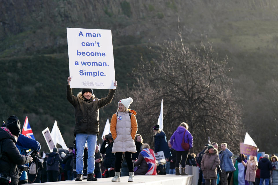 Supporters of the Scottish Family Party take part in an Anti Gender Reform Bill demonstration and protest against changes to guidance regarding sex education in schools outside the Scottish Parliament in Edinburgh. Picture date: Thursday January 12, 2023. (Photo by Jane Barlow/PA Images via Getty Images)