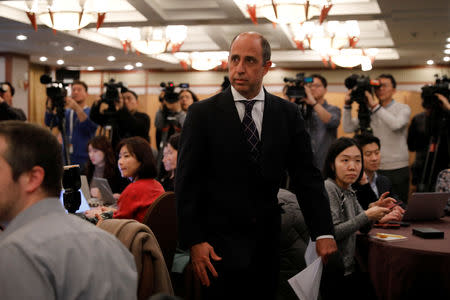 Special Rapporteur on the situation of human rights in North Korea Tomas Ojea Quintana arrives at a news conference in Seoul, South Korea, January 11, 2019. REUTERS/Kim Hong-Ji