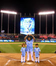 American League All-Star Prince Fielder #28 of the Detroit Tigers poses with sons Jaden (L) and Haven (R) after winning the State Farm Home Run Derby at Kauffman Stadium on July 9, 2012 in Kansas City, Missouri. (Photo by Dilip Vishwanat/Getty Images)