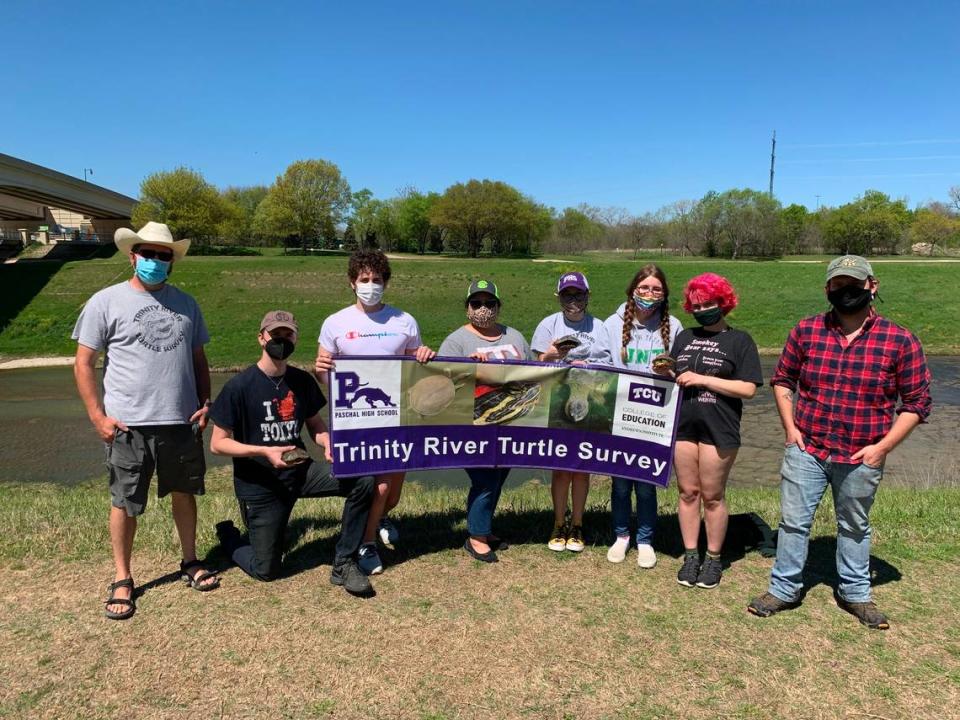 In March, students from Paschal High School celebrate their first trip to the Trinity to study turtles since spring 2020. Andrew Brinker has led groups of researchers to the river since fall 2017, when he created the Trinity Turtle Survey.