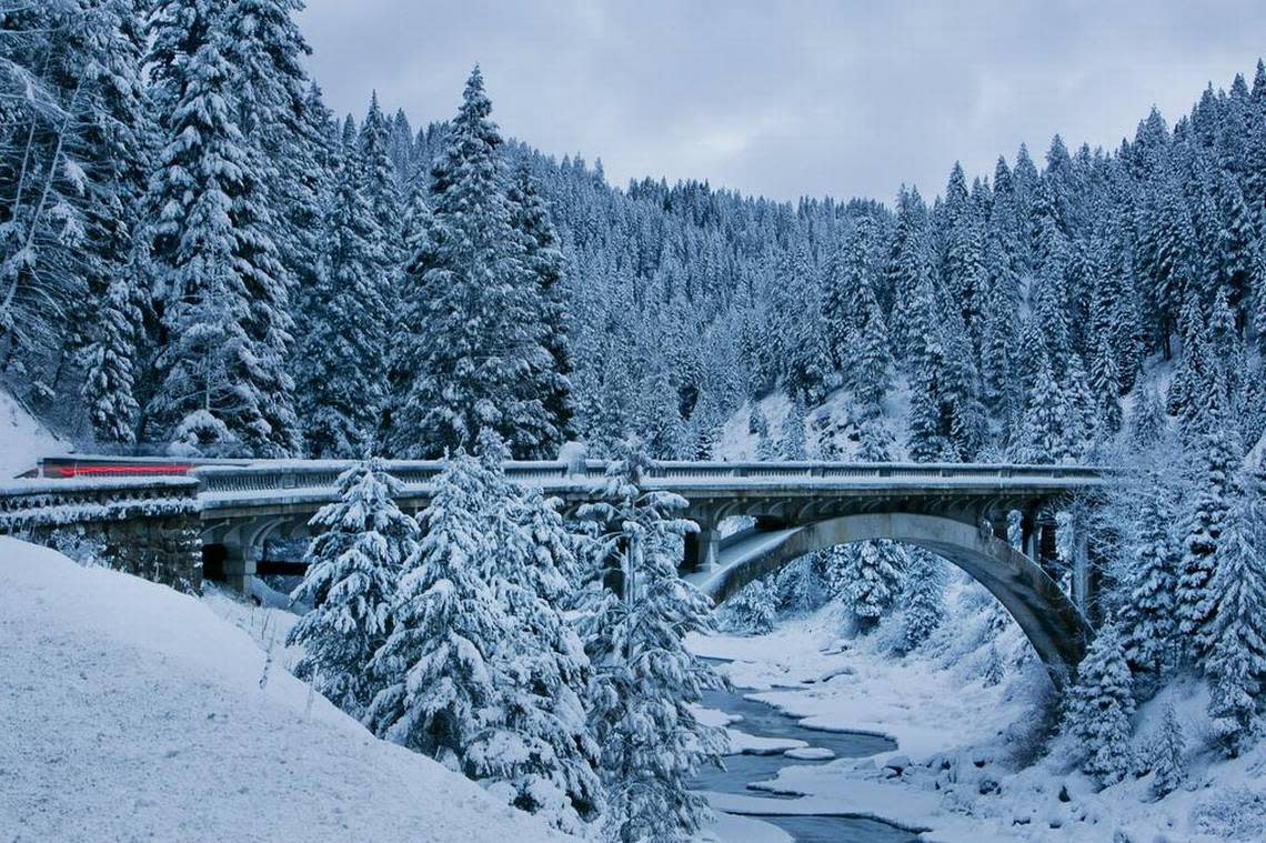 Snow covers the Rainbow Bridge and surrounding trees where State Highway 55 crosses the Payette River south of near Cascade, Idaho. “ITD’s bridge inspectors and maintenance crews will be in the area assessing all bridges and roads, including the most photographed bridge in Idaho, the Rainbow Bridge,” the Idaho Transportation Department said Monday after an earthquake rattled the region. Kyle Green/kgreen@idahostatesman.com