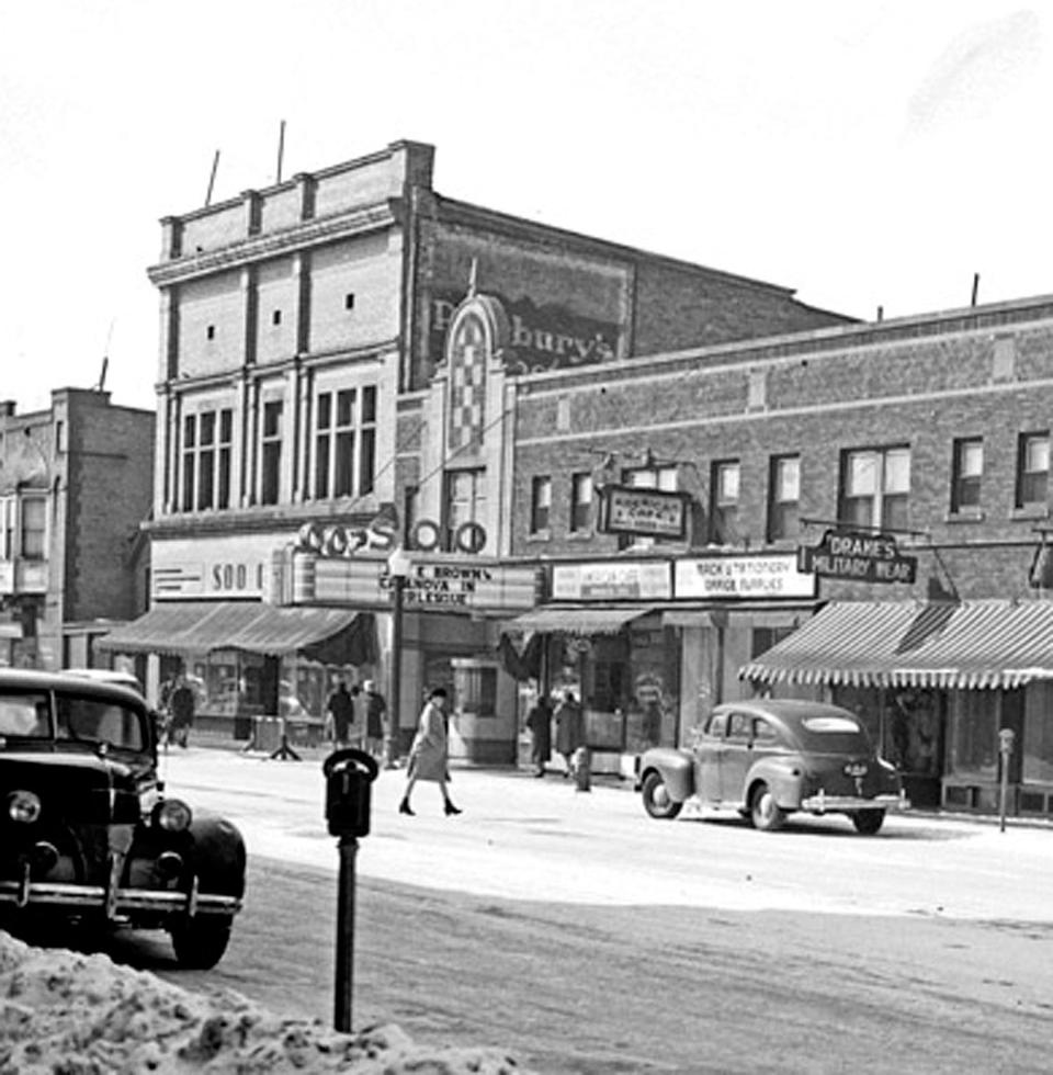 The Soo Theatre with its classic marquee sign in 1944.