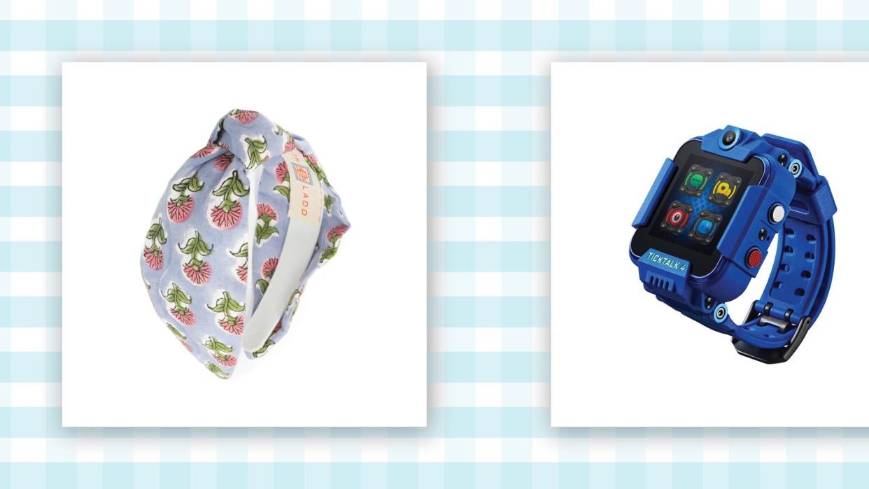 a blue smart watch and a colorful headband both pictured on a blue and white checkered background