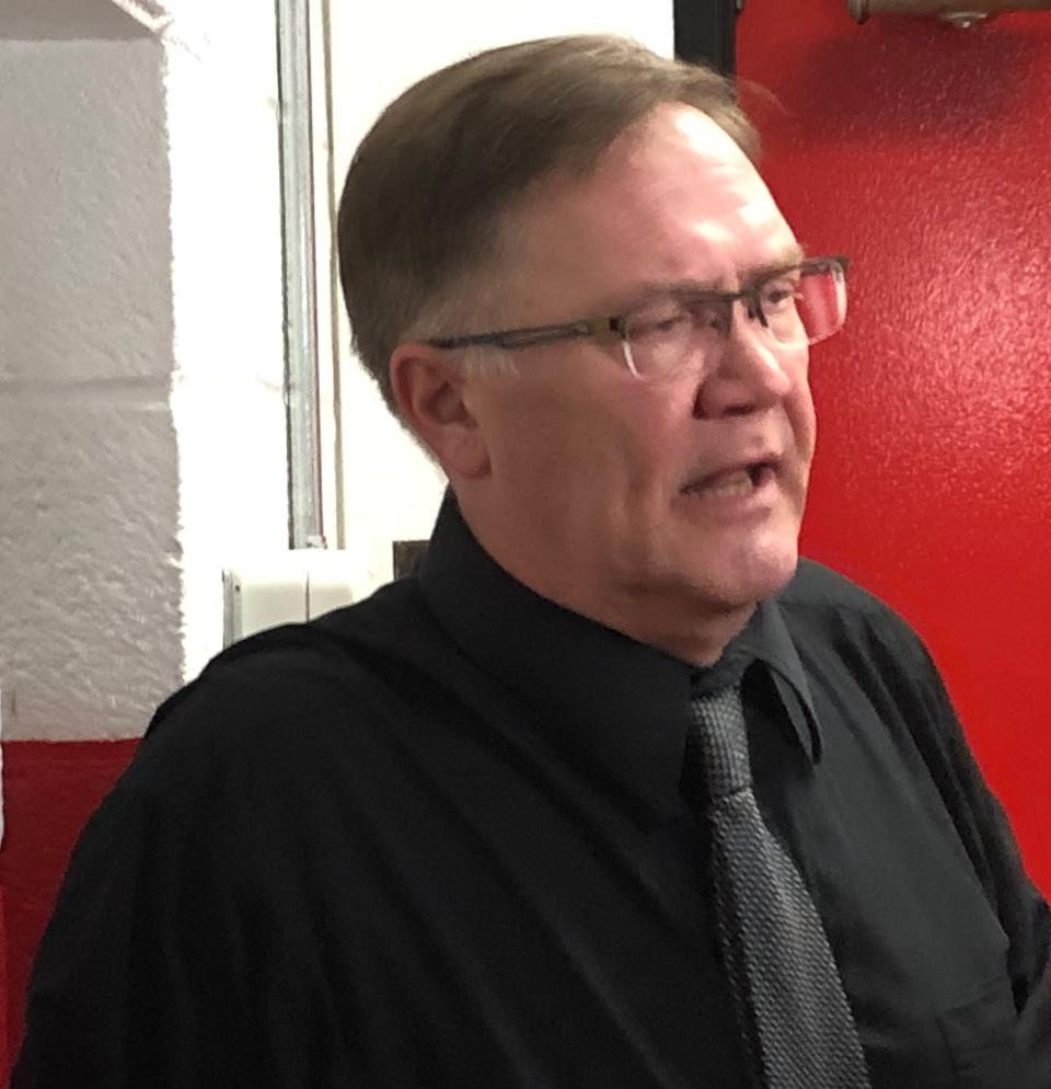 Illini Bluffs head coach Clay Vass outside his team's locker room moments after the Tigers lost 46-42 to Winchester in the IHSA Class 1A boys Jacksonville Super-Sectional at Jacksonville Bowl on Monday, March 4, 2024.