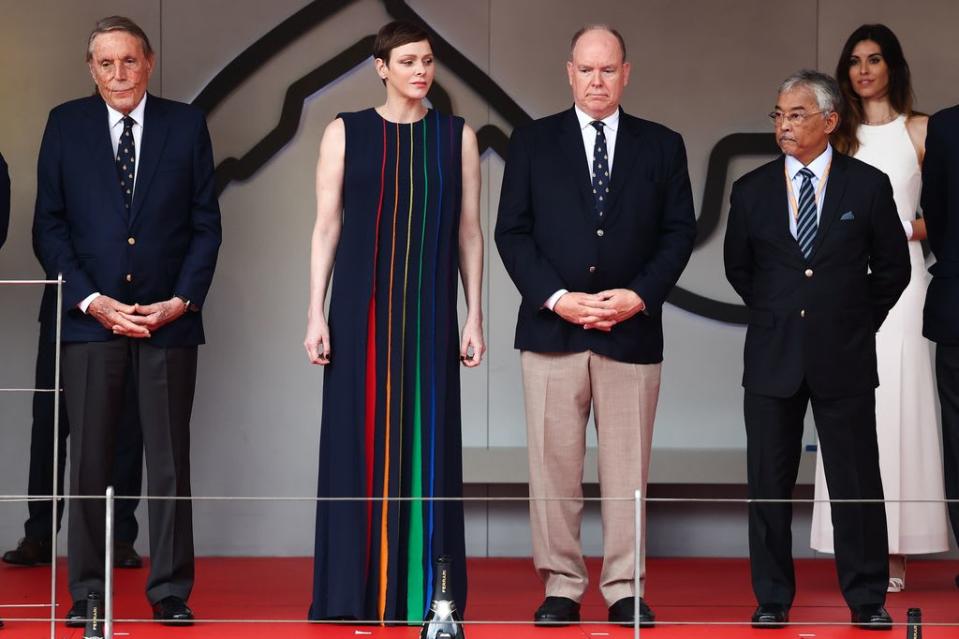 Princess Charlene of Monaco and Prince Albert II of Monaco on the podium after the Formula 1 Grand Prix of Monaco at Circuit de Monaco in Monaco on May 28, 2023.