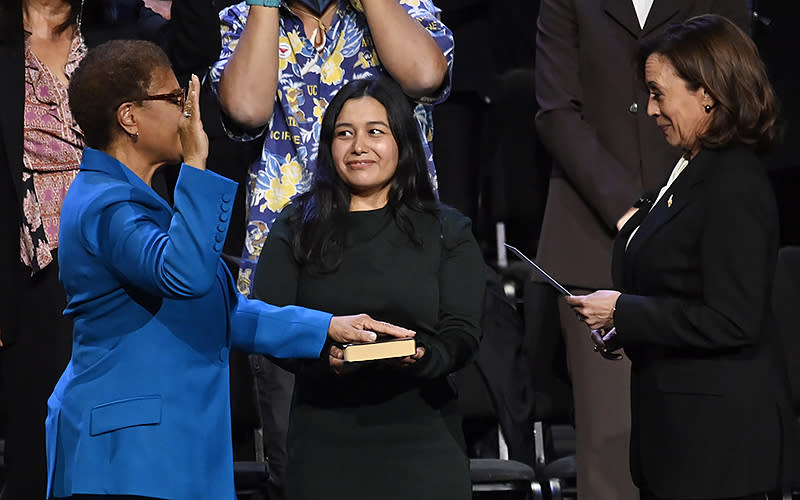 Karen Bass is sworn in as mayor of Los Angeles by Vice President Harris at the Microsoft Theater in Los Angeles on Dec. 11. <em>Jim Ruymen/UPI Photo</em>