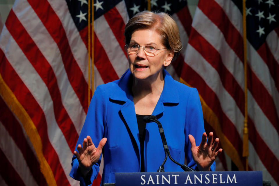 Democratic 2020 U.S. presidential candidate and U.S. Senator Elizabeth Warren (D-MA) delivers a campaign economic speech at Saint Anselm College’s Institue of Politics in Manchester, New Hampshire, U.S., December 12, 2019.   REUTERS/Brian Snyder