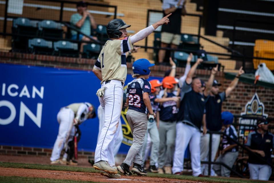 Shrewsbury Post 397's Ryan Walton celebrates a run during Friday's game.