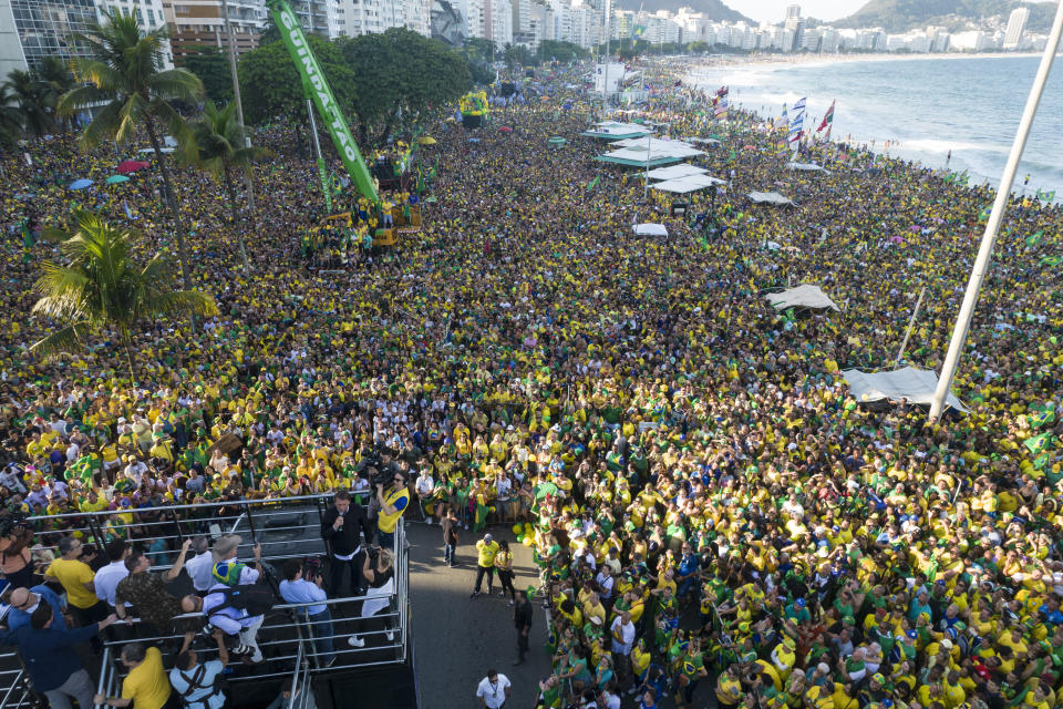 President Jair Bolsonaro delivers a speech to supporters at Copacabana beach during the independence bicentennial celebrations in Rio de Janeiro, Brazil, Wednesday, Sept. 7, 2022. (AP Photo/Rodrigo Abd)