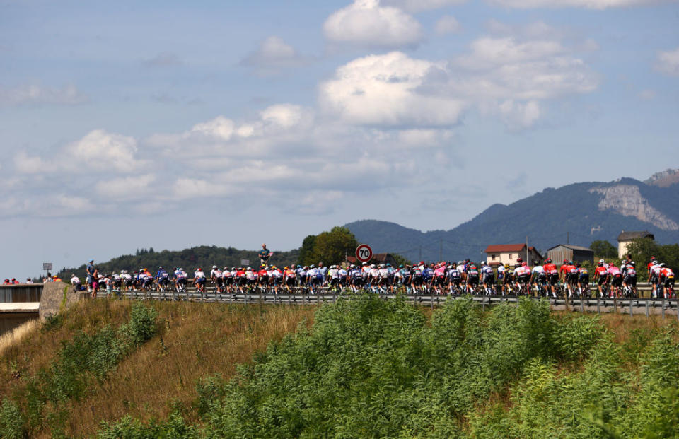 BOURGENBRESSE FRANCE  JULY 20 A general view of the peloton competing during the stage eighteen of the 110th Tour de France 2023 a 1849km stage from Motiers to BourgenBresse  UCIWT  on July 20 2023 in BourgenBresse France Photo by Michael SteeleGetty Images