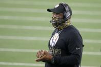 Pittsburgh Steelers head coach Mike Tomlin watches play against the Dallas Cowboys in the second half of an NFL football game in Arlington, Texas, Sunday, Nov. 8, 2020. (AP Photo/Michael Ainsworth)