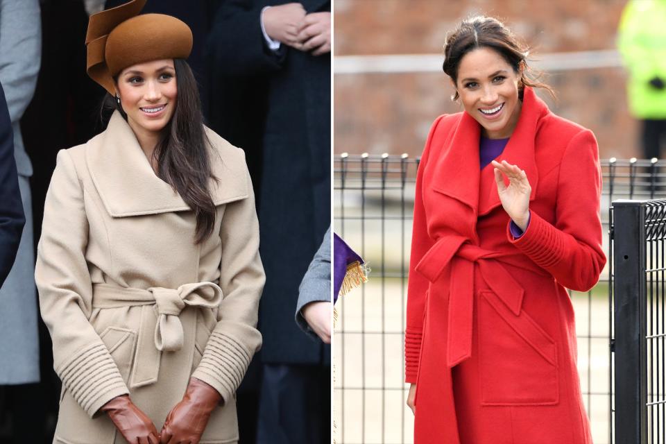 If Meghan loves a piece in her closet, she may just snag it in another color! The Duchess of Sussex turned heads when she stepped out with Prince Harry in Jan. 2019 to <a href="https://people.com/royals/meghan-markle-prince-harry-first-appearance-2019-birkenhead/" rel="nofollow noopener" target="_blank" data-ylk="slk:visit the town of Birkenhead, Merseyside;elm:context_link;itc:0;sec:content-canvas" class="link ">visit the town of Birkenhead, Merseyside</a>, wearing a bright outfit. She chose a purple Babaton by Aritizia dress (which originally retailed for $138) under a red coat. The royal mom previously wore the <a href="https://sentaler.com/collections/coats/products/long-wide-collar-wrap-coat-camel" rel="nofollow noopener" target="_blank" data-ylk="slk:long wide collar wrap coat by Sentaler;elm:context_link;itc:0;sec:content-canvas" class="link ">long wide collar wrap coat by Sentaler</a> for her <a href="https://people.com/royals/meghan-markle-christmas-walk-kate-middleton-prince-harry/" rel="nofollow noopener" target="_blank" data-ylk="slk:Christmas walk debut;elm:context_link;itc:0;sec:content-canvas" class="link ">Christmas walk debut</a> in 2017, opting for the piece in camel. 