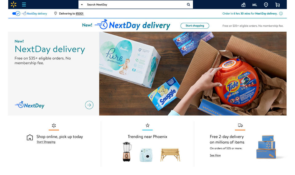 Walmart’s NextDay lets customers shop up to 220,000 of the items most frequently purchased items, ranging from diapers and laundry detergent to toys and electronics. 