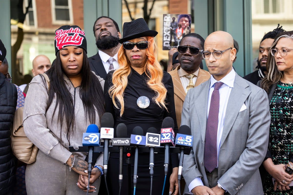 Dexter Reed's mother, Nicole Banks, speaks to reporters outside the headquarters for the Civilian Office of Police Accountability (AP)