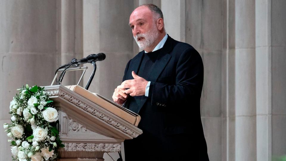 Photo: Jose Andres, chef and founder of the American NGO World Central Kitchen, speaks at the memorial service for World Central Kitchen at the National Cathedral in Washington, D.C., on April 25, 2024.  (Jose Luis Magana/Associated Press)