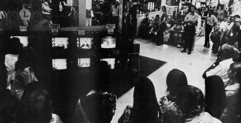 It was 9 p.m. on Thursday, Aug. 8, 1974, at Sears on Route 22 in Watchung and no one was making a purchase, reported Paul Culner, then a Sears spokesman. Most customers and some employees could be found clustered around the sets in the store’s television department silently absorbing the President’s historic announcement.