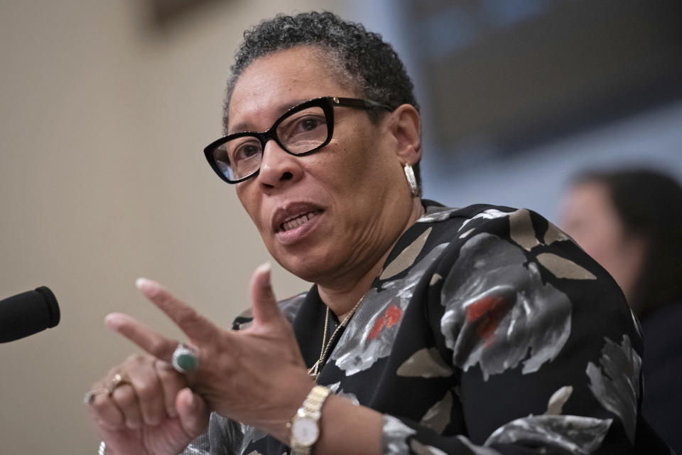 Secretary of the Department of Housing and Urban Development Marcia Fudge testifies during a House Budget Committee hearing on June 23, 2021. (Graeme Sloan / Sipa USA via AP)