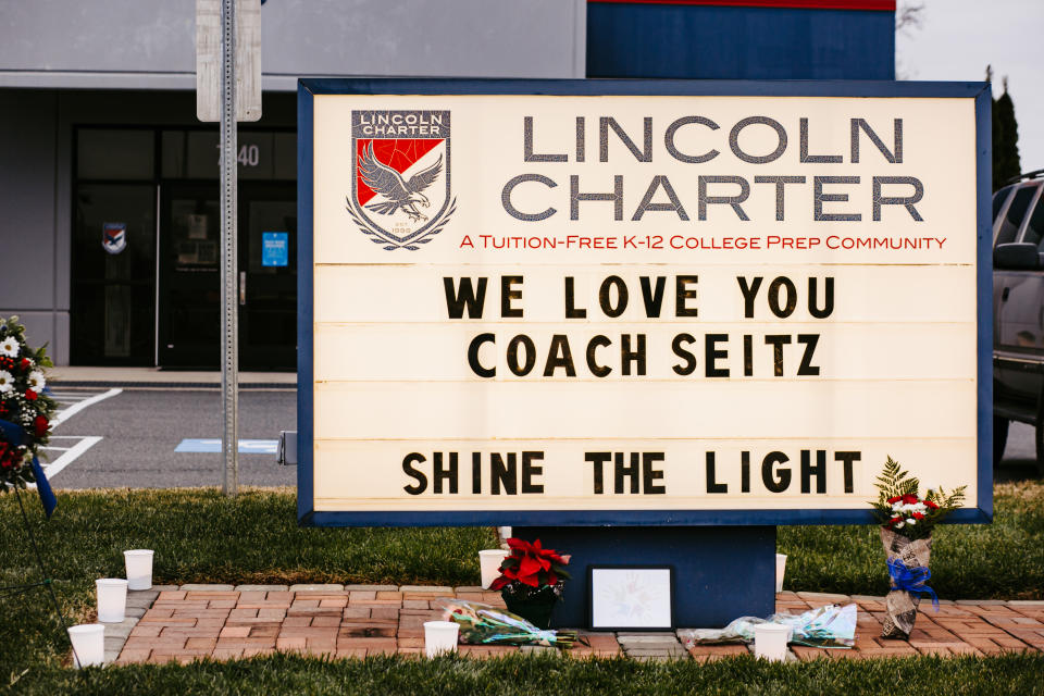 A sign at Lincoln Charter pays tribute to coach Jamie Seitz, who died of COVID-19. (Courtesy of Taylor Helms)