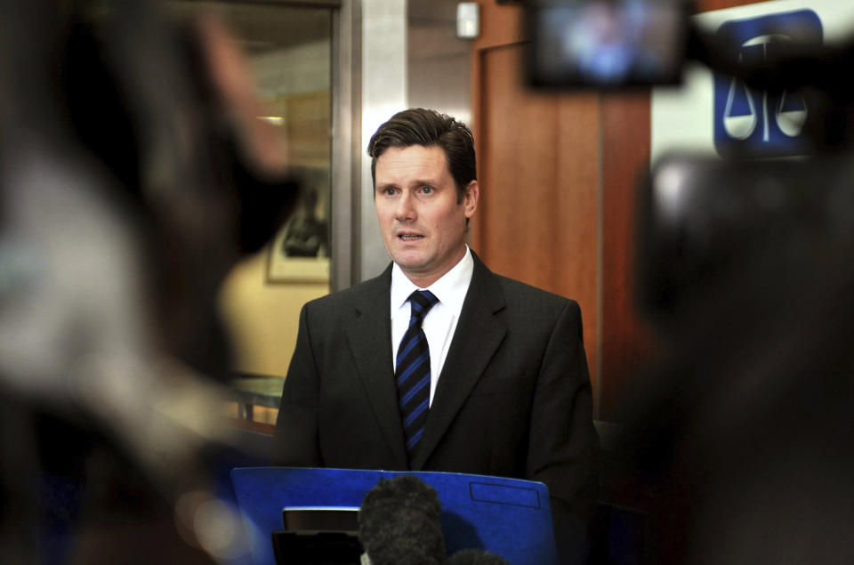 FILE - Keir Starmer, director of public prosecution, delivers a statement to the media on British lawmakers facing criminal charges relating to claims made on expenses, at the Crown Prosecution Service headquarters in central London, Friday, Feb. 5, 2010. Four British lawmakers will face criminal charges, and the prospect of jail, over Britain's expense claim scandal, Starmer said Friday. (AP Photo/John Stillwell, Pool, File)