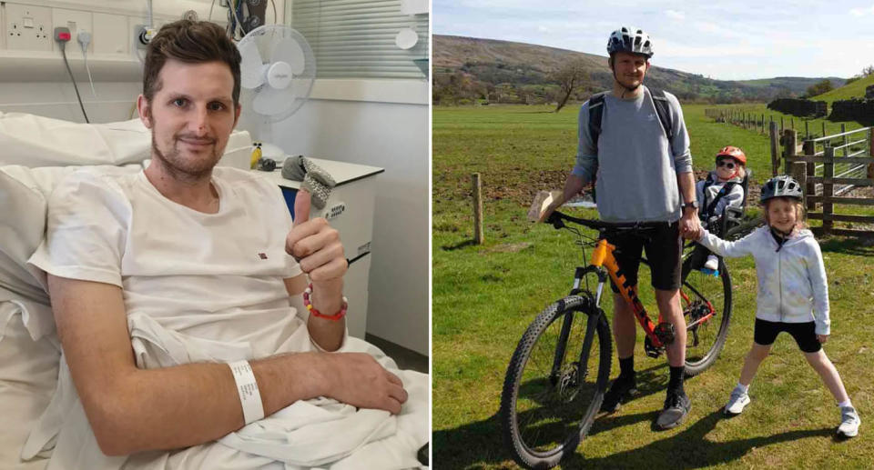 UK dad James Wood in hospital after sepsis infection (left) James Wood on bike with two daughters (right)