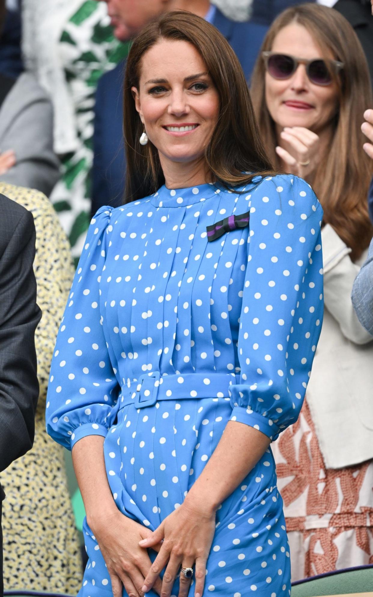 Kate wearing a sky blue polka-dot dress at Wimbledon in 2022