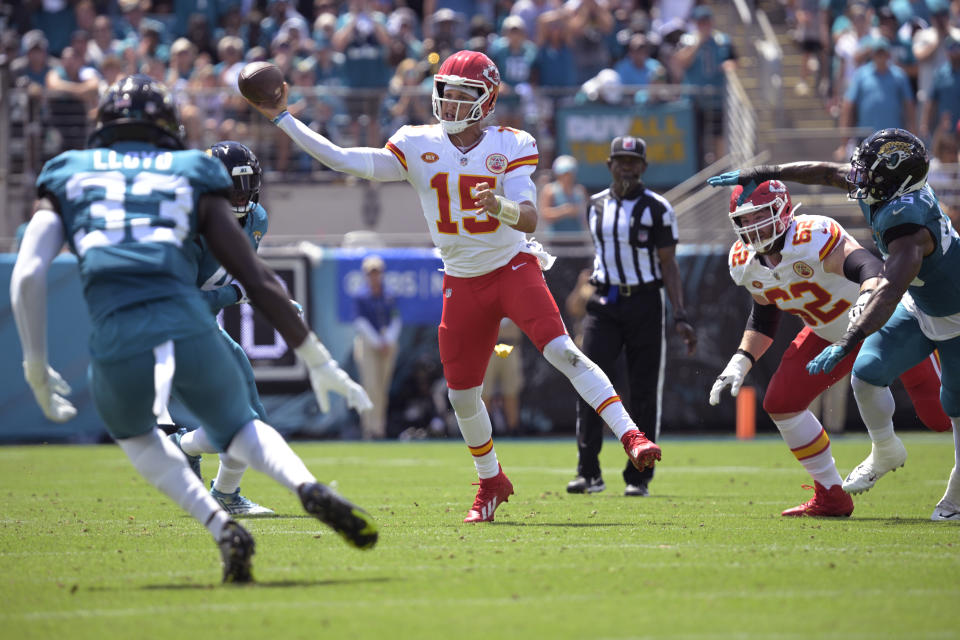 Patrick Mahomes (15) and the Chiefs are trying to avoid an 0-2 start vs. the Jaguars in NFL Week 2. (AP Photo/Phelan M. Ebenhack)