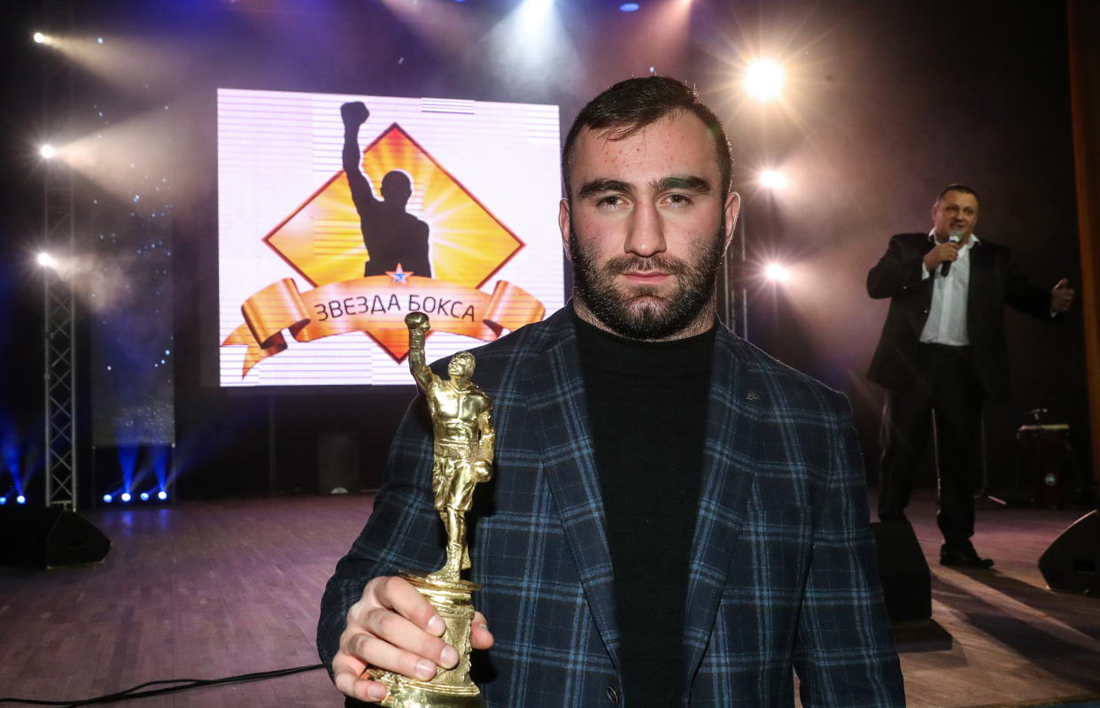 Boxer Murat Gassiev holds a trophy for the Best Bout at the 2017 Boxing Star awards ceremony at the Golden Palace entertainment centre. (Getty)