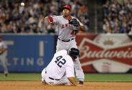 NEW YORK, NY - APRIL 15: Howie Kendrick of the Los Angeles Angels of Anaheim turns a double play over a sliding Raul Ibanez of the New York Yankees at Yankee Stadium on April 15, 2012 in the Bronx borough of New York City. In honor of Jackie Robinson Day, all players across Major League Baseball will wear number 42. (Photo by Nick Laham/Getty Images)