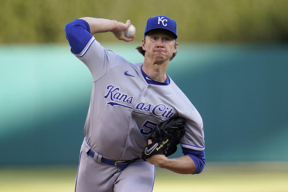 Kansas City Royals pitcher Brady Singer throws against the Detroit Tigers in the first inning of a baseball game in Detroit, Tuesday, May 11, 2021. (AP Photo/Paul Sancya)