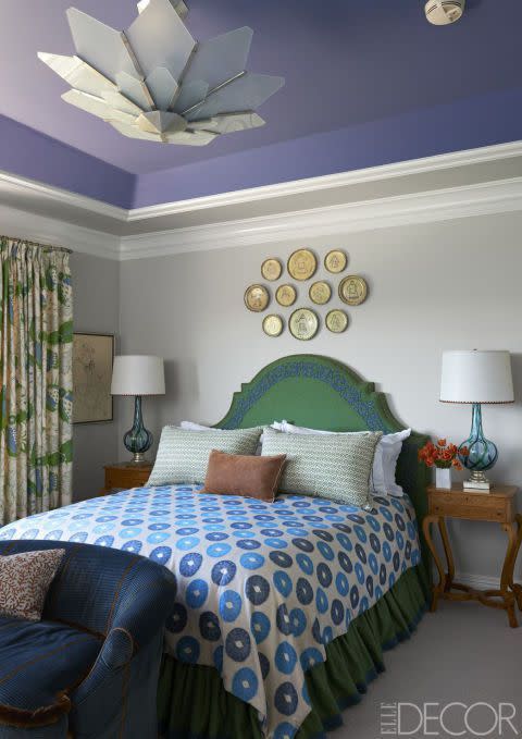 <p>Paint trends are looking up this year — literally — and you can transform any room of your home with a statement ceiling (<a href="https://www.elledecor.com/design-decorate/color/g18567720/ceiling-paint/" rel="nofollow noopener" target="_blank" data-ylk="slk:learn how to do it yourself, here;elm:context_link;itc:0" class="link ">learn how to do it yourself, here</a>). In this <a href="https://www.elledecor.com/design-decorate/house-interiors/g2519/house-tour-kim-alexandriuk-designed-bel-air-home/" rel="nofollow noopener" target="_blank" data-ylk="slk:traditional house;elm:context_link;itc:0" class="link ">traditional house</a> in Bel Air, the daughter's room gets a modern update with a blue-purple ceiling in Farrow & Ball's Pitch Blue.</p>