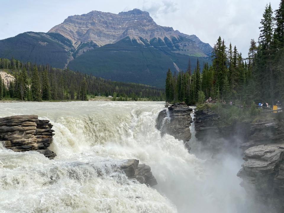 Athabasca Falls, a stop on the Icefields Parkway, impresses with the sheer force of the foaming torrent as it tumbles over rocks on the Athabasca River. Towering, jagged peaks line the Icefields Parkway, a scenic highway between Lake Louise and Jasper, Alberta.